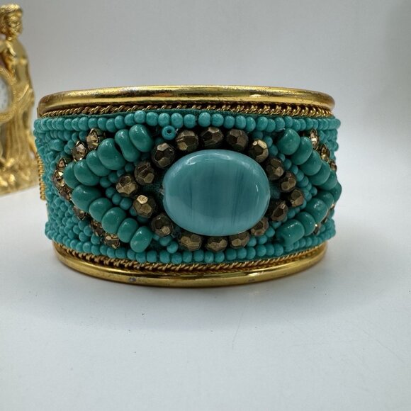 Modern Beaded Cuff Bracelet Turquoise Gold Tone Boho Statement Wide Bangle - Picture 7 of 7